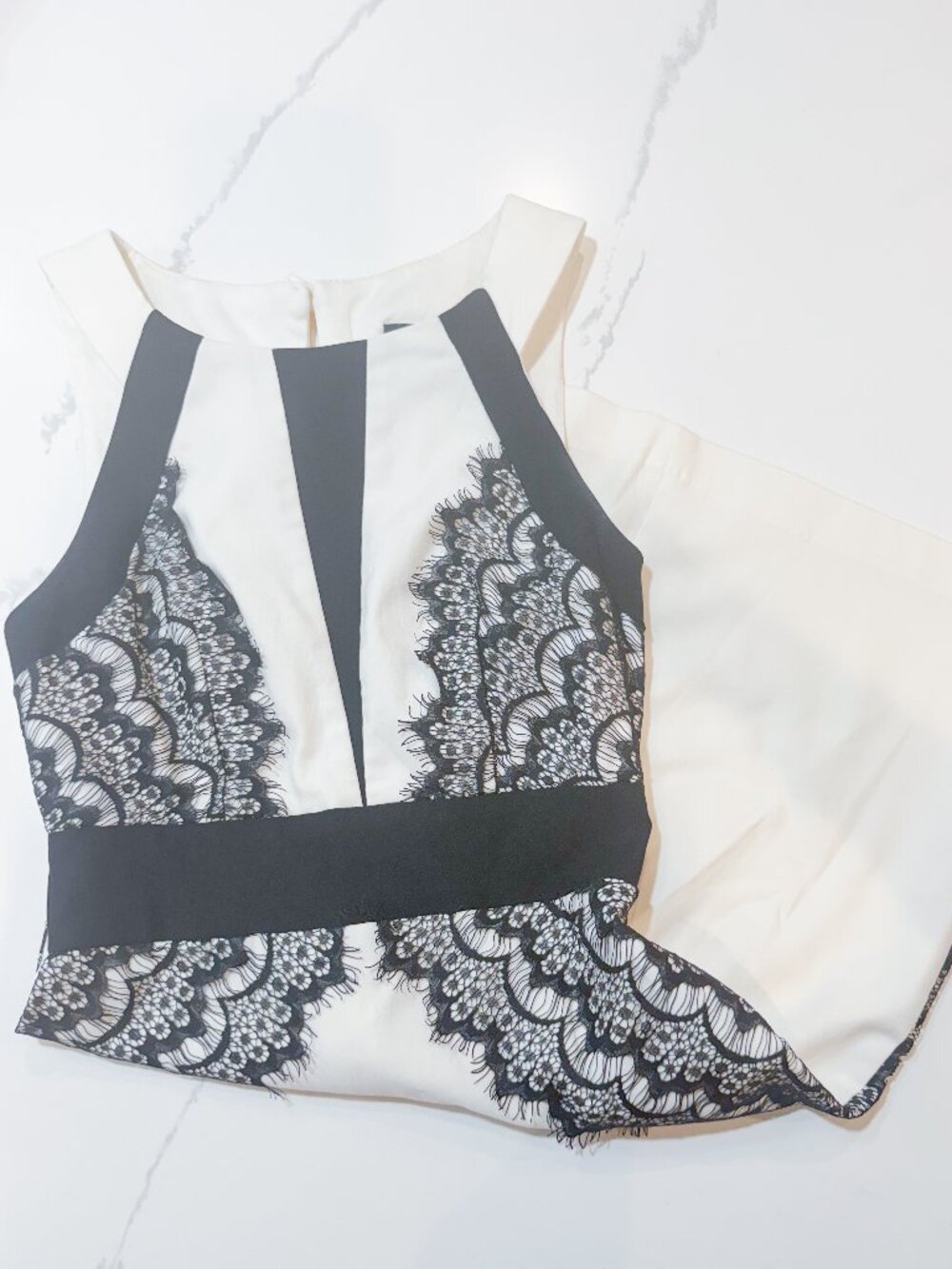 White with black lace cocktail dress